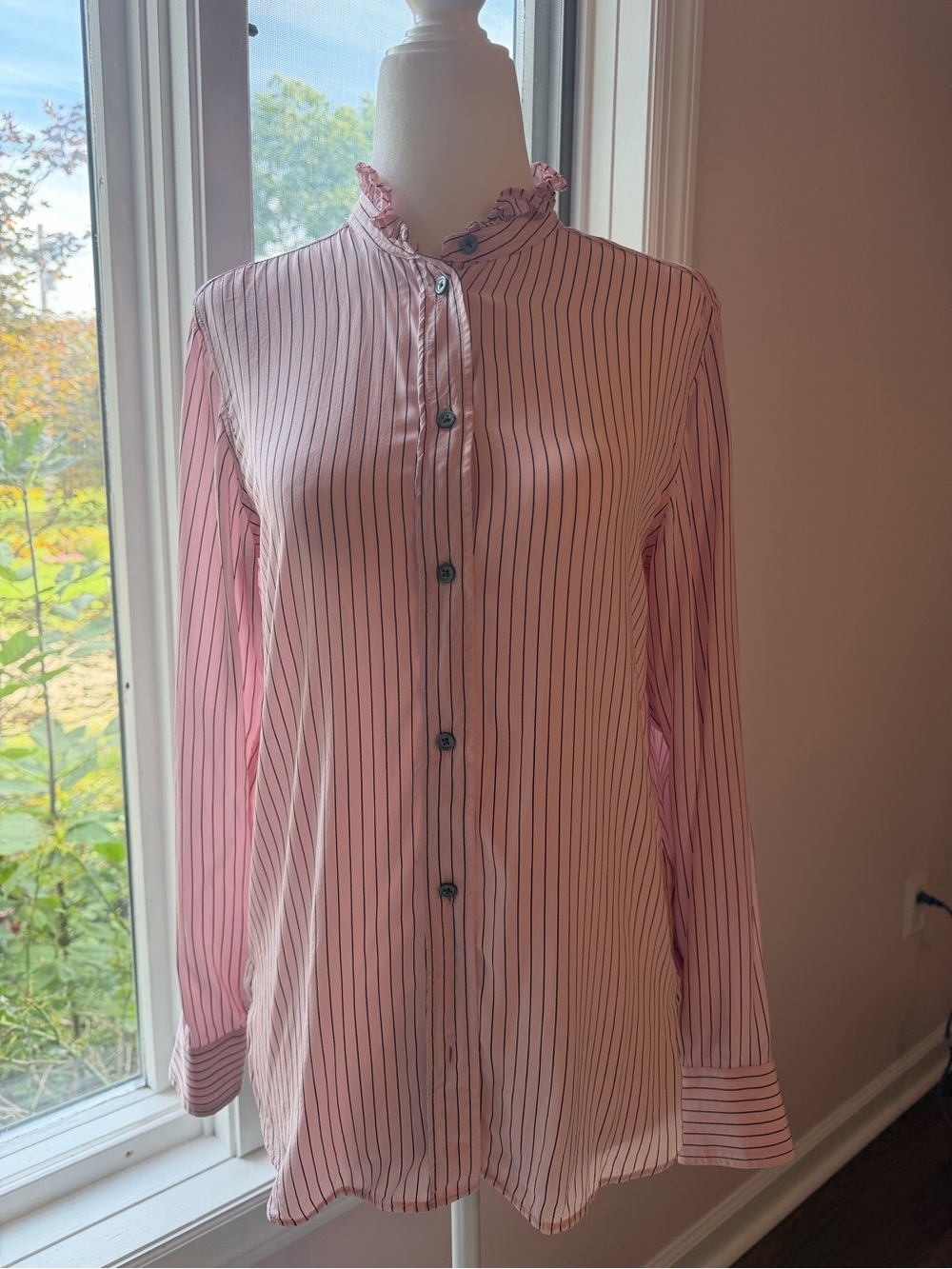 J. Crew Pink Striped Ruffle Collar Button-Up Blouse